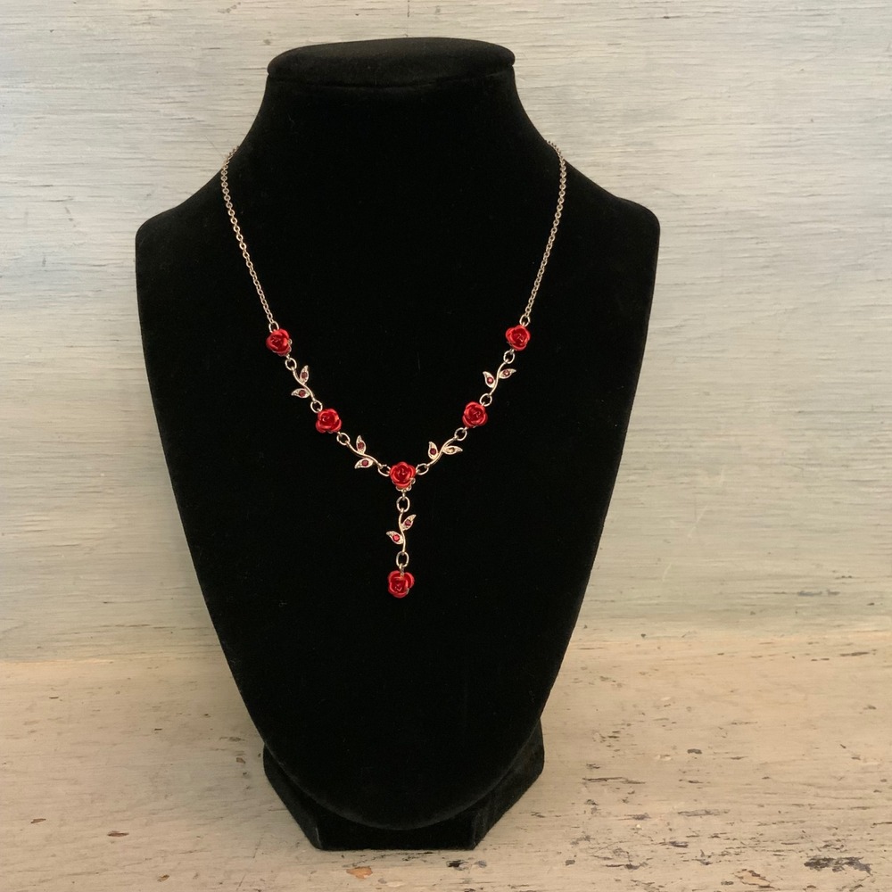 Elegant Dark Romance Rose &‎ Vine Y Shaped Pendant Necklace 15.5-18.5" GC